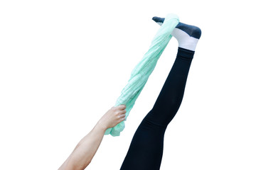 Runner using towel for leg stretching isolated on white background.