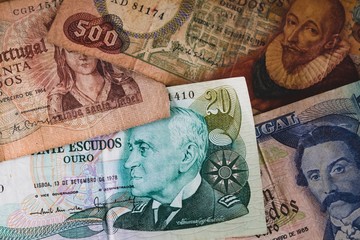 Old Portuguese money bill. Banco de Portugal. Escudos were the money from Portugal before Euro. 
