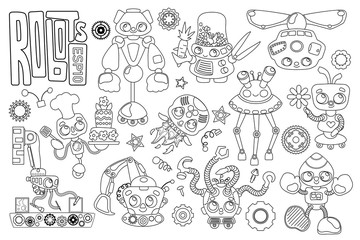 Cute robot characters black and white vector set on white background. Robot coloring page. Artificial intelligence