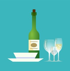 Glass bottle, plates and alcoholic drink with emblem vector. Tequila champagne with cork and label, served dishes for food, restaurant cafe serving