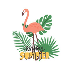 Enjoy Summer slogan handwritten with calligraphic font and decorated by flamingo and exotic tropical foliage © Good Studio