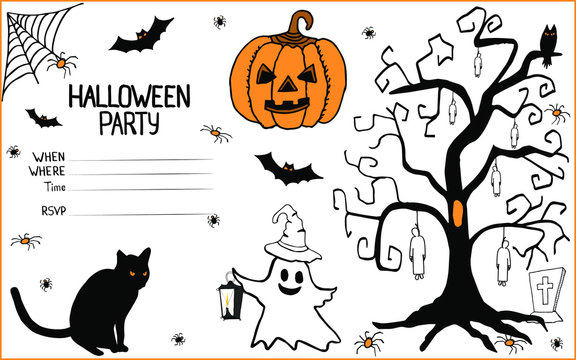 Invitation to a halloween party in doodle.Isolated objects on a white background with a pumpkin,evil bats,ghost,spiders,cobwebs,a scary tree with the hanged man.Can be used for invitations,cards