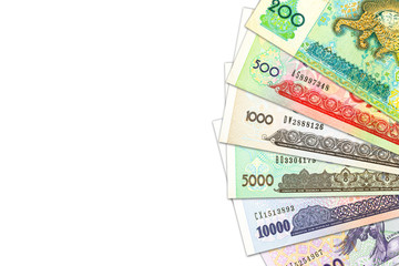 Obraz na płótnie Canvas some Uzbek Som banknotes indicating growing economy with copyspace
