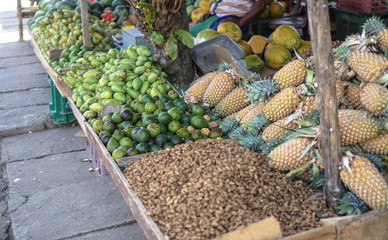 Traditional market in Asia with a variety of fruits and vegetables from farms and jungles. Sales business background in Sri Lanka. Stock photo
