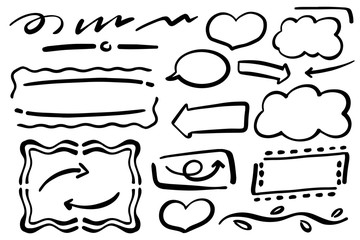 Handdrawn vector separators, frames and arrows on white background. Black ink paper design elements isolated