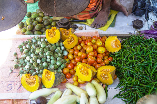 Traditional market in Asia with a variety of fruits and vegetables from farms and jungles. Sales business background in Sri Lanka. Stock photo