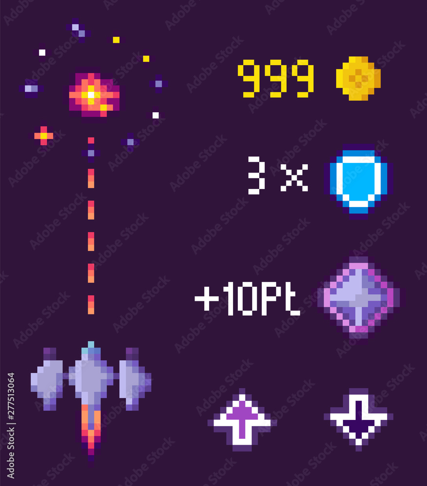 Poster space game in pixel style vector, spaceship with laser weapon. icons and points, scored coins and sh