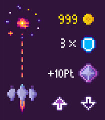Space game in pixel style vector, spaceship with laser weapon. Icons and points, scored coins and shield, arrows up and down, number and info board, pixelated 8 bit game
