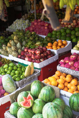 Traditional market in Asia with a variety of fruits and vegetables from farms and jungles. Sales business background in Sri Lanka. Stock photo