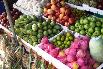 Traditional market in Asia with a variety of fruits and vegetables from farms and jungles. Sales business background in Sri Lanka. Stock photo