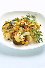 Roasted cauliflower with chickpeas, zucchini noodles and rosemary, salad, vertical, copy space