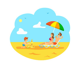 Family vacations vector, summertime relaxation of parents and kid. Child building sand castle on beach, man and woman laying under umbrella shade, family weekend on beach