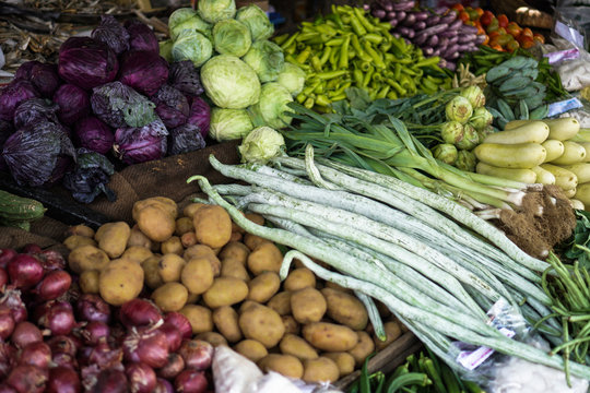 Traditional market in Asia with a variety of fruits and vegetables from farms and jungles. Sales business background in Sri Lanka. Stock photo