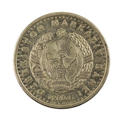100 Uzbek som coin (2004) reverse isolated on white background
