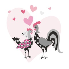 Invitation or congratulatory card with a funny cockerel and a chicken as a bride and groom on the background of a large light pink heart.