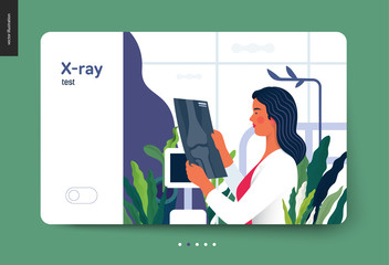 Naklejka na ściany i meble Medical tests template - x-ray test - modern flat vector concept digital illustration of x-ray image - a doctor looking at the radiograph , in the medical office or laboratory