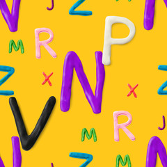 Seamless pattern with alphabet. Handmade modeling clay letters. Realistic 3d vector lettering background.