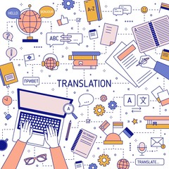 Square banner template with hands of translators typing on laptop keyboard and writing on paper. Translation of foreign languages and international communication. Vector illustration in linear style. - obrazy, fototapety, plakaty