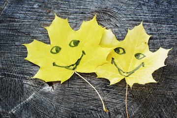pair of autumn maple yellow leaves with painted cheerful emoticons, wood background