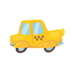 Cute cartoon yellow taxi car. Taxi vector illustration on white background. Public transport textured image