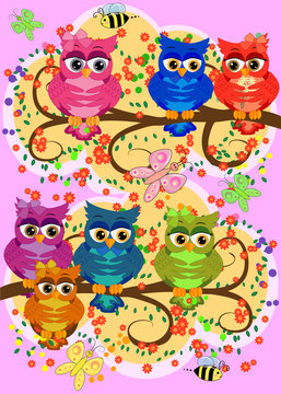Three cute colorful cartoon owls sitting on tree branch with flowers. Funny sticker of birds on white background.
