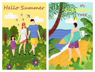 Obraz na płótnie Canvas Hello summer vector, set of people relaxing at summertime, male with surfing board, surfer standing by seaside looking at waves of sea, family walking
