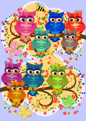 Fototapeta premium Three cute colorful cartoon owls sitting on tree branch with flowers. Funny sticker of birds on white background.