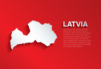 Latvia Map with shadow. Cut paper isolated on a red background. Vector illustration. 