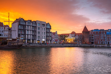 Beautiful sunset over Motlawa river in Gdansk, Poland.