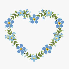 Floral greeting card and invitation template for wedding or birthday anniversary, Vector heart shape of text box label and frame, Blue flowers wreath ivy style with branch and leaves.