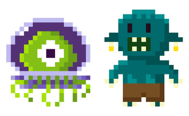 Ufo pixel character, game hero on white, troll monster with teeth, portrait and full length view of cosmic sign and monstrosity, extraterrestrial symbol vector, pixelated 8 bit game