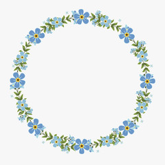 Floral greeting card and invitation template for wedding or birthday anniversary, Vector circle shape of text box label and frame, Blue flowers wreath ivy style with branch and leaves.