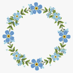 Floral greeting card and invitation template for wedding or birthday anniversary, Vector circle shape of text box label and frame, Blue flowers wreath ivy style with branch and leaves.