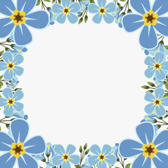 Floral greeting card and invitation template for wedding or birthday anniversary, Vector square shape of text box label and frame, Blue flowers wreath ivy style with branch and leaves.