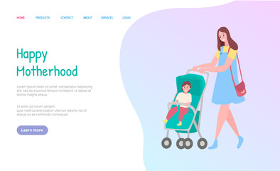 Mom going with carriage, smiling woman in dress walking with pram, little child sitting in buggy, together outdoor, happy motherhood web vector. Website or webpage template, landing page flat style
