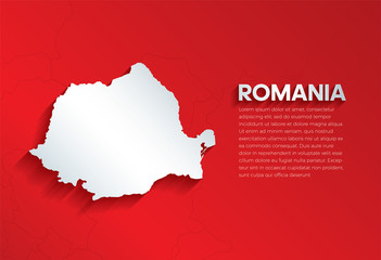 Romania Map with shadow. Cut paper isolated on a red background. Vector illustration. 