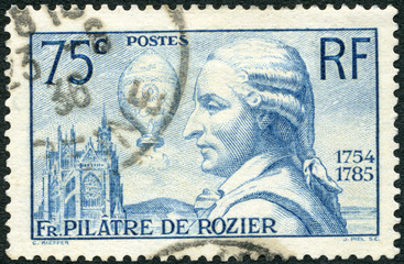FRANCE - 1936: shows portrait Pilatre de Rozier (1754-1785) and his Balloon, 150th anniversary of...