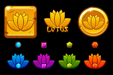 Lotus icon cartoon style, gold lotos on coin, different variation and colors. Icons on a separate layer