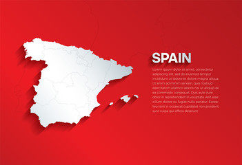 Spain Map with shadow. Cut paper isolated on a red background. Vector illustration. 