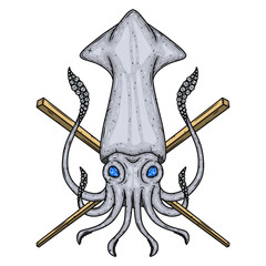 Squid with chopsticks Isolated on white background. © ALEKSEI