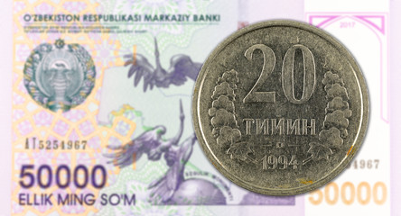 20 Uzbek Tiyin coin against 50000 Uzbek Som banknote