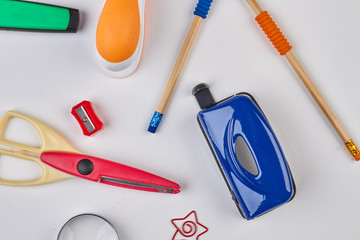 Various school items on white background. Back to school background with school supplies.