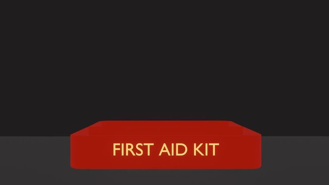 Dark background. A red suitcase / red first aid kit opens. Infographics, check-list: smooth appearance with bright, luminous neon inscriptions and icons at the top down: ointments and medicines, banda