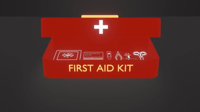 Dark background. Red suitcase / red first-aid kit opens. Infographics, check sheet: smooth appearance of bright, glowing neon inscriptions and icons: ointments and medicine, bandages, tools and equipm
