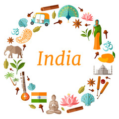 Naklejka premium Decorative frame of the symbols and attributes of India. Vector wreath in flat style on the theme of travel to Asia. Border.