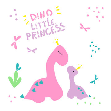 Dino cover. Two dinosaurs in crowns print. Little dinosaur and his mom pattern. Pink color poster with lettering little princess. For the design of nursery, post card, invitation baby shower, birthday