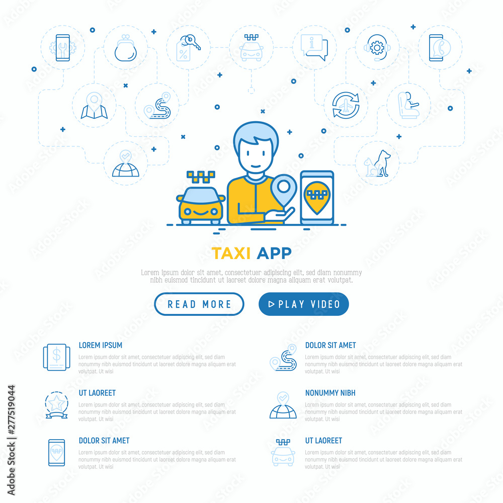 Aufkleber man using taxi app. web page template with thin line icons: payment method, promocode, app settings,