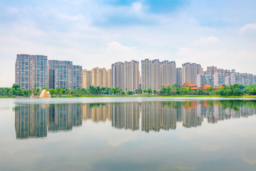 Fototapeta premium Architectural scenery around Jincheng Lake Park in Chengdu, Sichuan Province, China