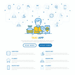 Man using taxi app. Web page template with thin line icons: payment method, promocode, app settings, info, support service, phone number, location, pointer, route, destination. Vector illustration.