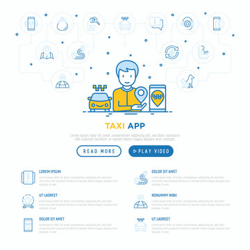 Man using taxi app. Web page template with thin line icons: payment method, promocode, app settings, info, support service, phone number, location, pointer, route, destination. Vector illustration.